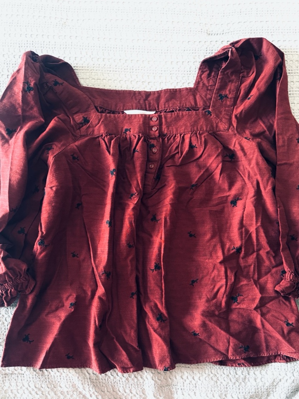 LC Lauren Conrad Rust Red Square-Neck Embroidered Peasant Blouse